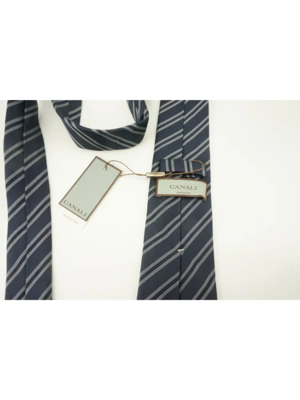 Canali Repp Regimental Striped Navy Ivory 100% Silk Tie Brand New With Tags